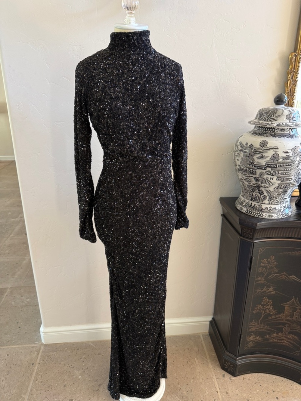 Oh Polly elegant black sequined maxi dress with high neck and open back. Size 8